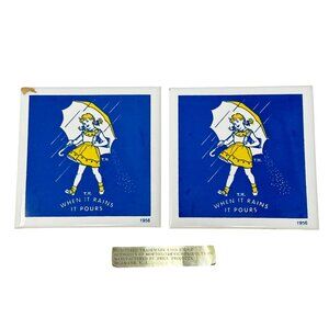 Vintage Morton Salt Trivet Coasters 1956 Girl "When It Rains It Pours" Set Of 2
